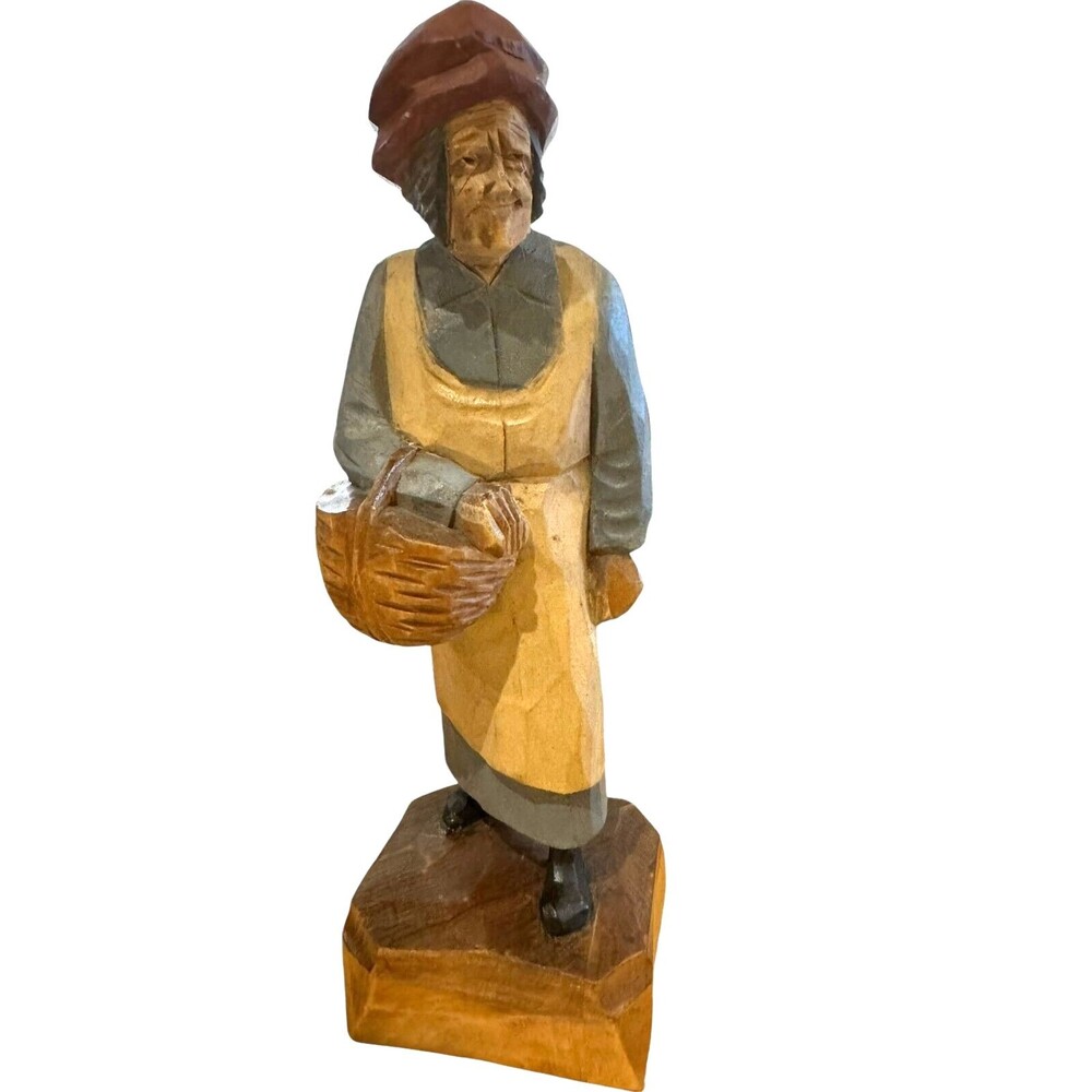 Wood Carved Old Lady Figurine Vintage Farm Country Folk Art Balsa Wood 10" tall
